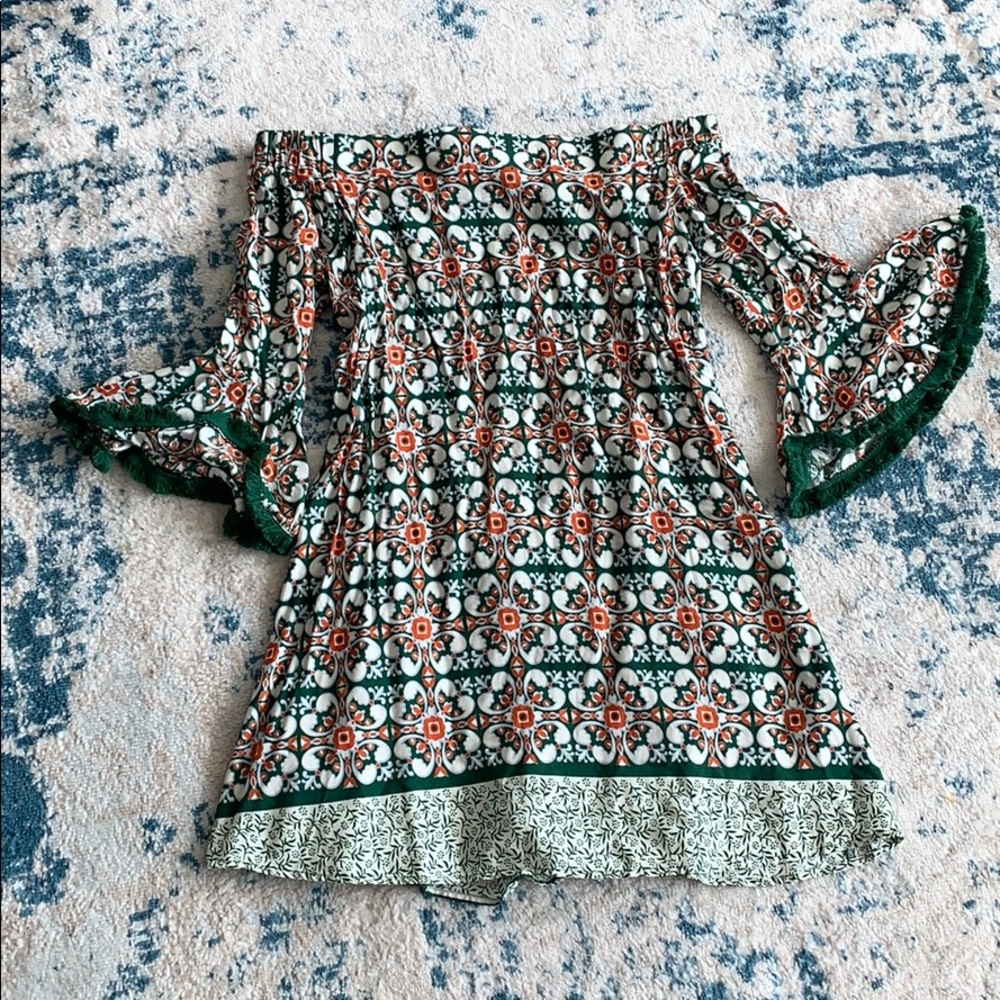 Off the shoulder, “flower child” dress